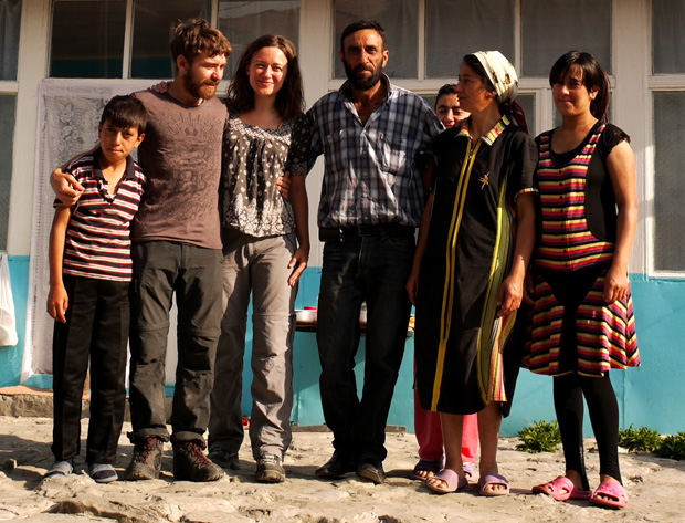 Ania and Jon with a family in Lahic, Azerbaijan